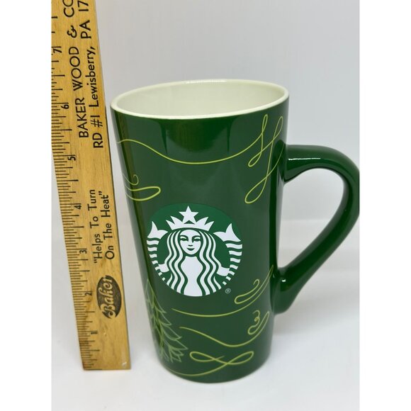Starbucks Ceramic Traveler Coffee Mug 14oz Green Yellow Tree 2020 Winter Holiday - Picture 6 of 7